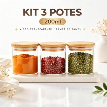 Imagem de Kit 3 potes de vidro hermético tampa de bambu 200ml - WELLMIX