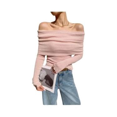 Imagem de Suéter Feminino De Tricô Ombro a Ombro Elegante Manga Longa Slim Fit P