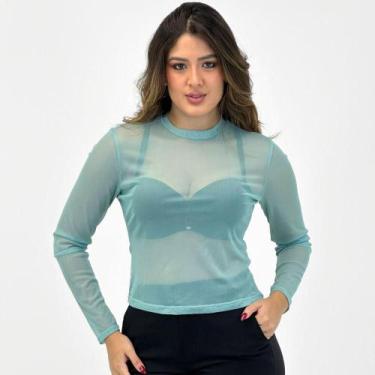 Imagem de Blusa Gris em Tule Gola Redonda Feminina, G, Verde aqua