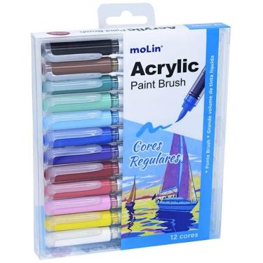 Imagem de Marcador Artístico Molin do Brasil Acrylic Brush com Tinta Acrílica Ponta Japonesa 12 Cores Vivas em Estojo