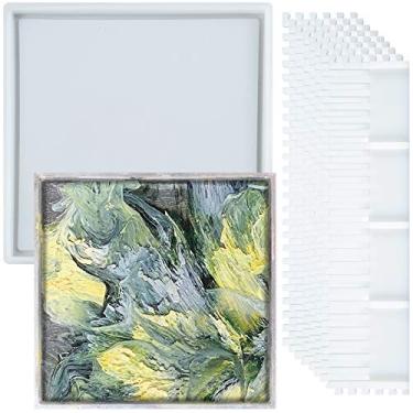 Imagem de FUNSHOWCASE Bandeja de rodinhas, molde de silicone de resina epóxi com bordas elevadas com molduras fixas, concreto, cimento, quadrado grande de 24 cm