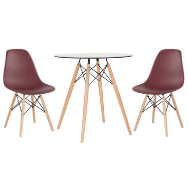 Imagem de Mesa Redonda Eames Com Tampo De Vidro 70 Cm + 2 Cadeiras Eiffel Dsw Marrom