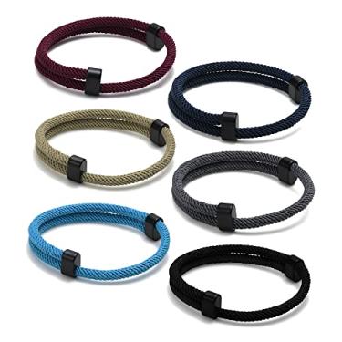 Imagem de Conjunto de pulseiras de corda trançada náutica – 6 pulseiras de cordão trançado ajustáveis, pulseira de corda marinha feita à mão com nó de metal, pulseiras trançadas para homens