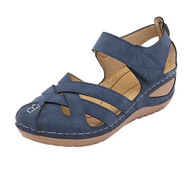 Imagem de Sandálias femininas respiráveis confortáveis com bico de praia Peep Wedges verão caminhada sandálias femininas com suporte, Azul, 7
