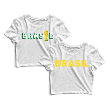 Imagem de Kit 2 Blusas Blusinha Cropped Tshirt Camiseta Feminina Brasil Taça Cop