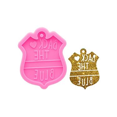 Imagem de Emblema de polícia super brilhante com palavras "Back The Blue" formato chaveiro moldes de silicone faça você mesmo resina epóxi chaveiros personalizados molde moldes de argila polímero mochila pingente de bagagem epóxi artesanato
