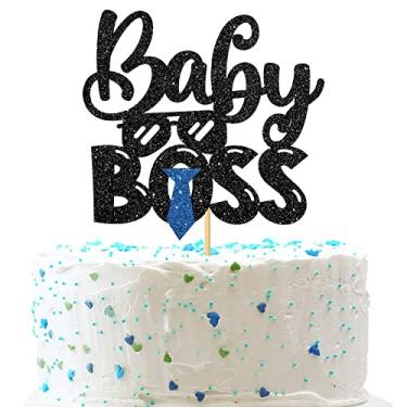 Imagem de INNORU Topo de bolo de bebê Boss, decoração de bolo de 1º aniversário de bebê, chá de bebê, suprimentos de decoração de festa de revelação de gênero, glitter preto