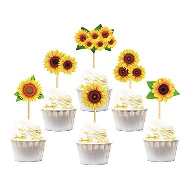 Imagem de Keaziu Pacote com 36 topos de cupcake de girassol para festa temática de flores de aniversário palitos de cupcake decorações de festa suprimentos para chá de bebê festa de aniversário