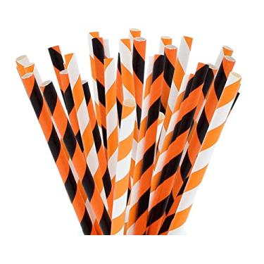 Imagem de Canudos de papel para festa em formato de toque, laranja, branco e preto, listrados – Pacote com 100 – Decorações de festa de abóbora biodegradáveis e descartáveis