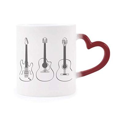 Imagem de Caneca de guitarra sensível ao calor com combinação de instrumentos musicais de guitarra vermelha que muda de cor