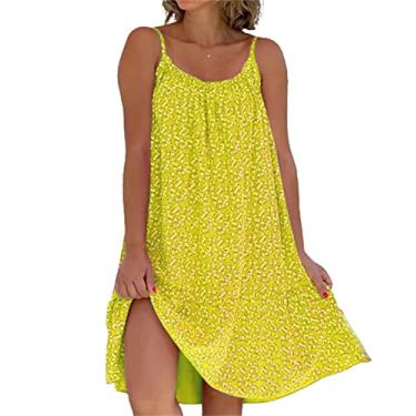Imagem de YECDET Vestido Camisete Estampado Floral, Vestido Feminino Solto de Verão Sem Manga Praia Mini Vestidos Curtos Cami (Amarelo, G)