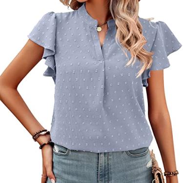 Imagem de Camiseta feminina casual de manga curta, verão com babados manga feminina chiffon gola V pulôver leve, azul, M (busto: 102 cm)
