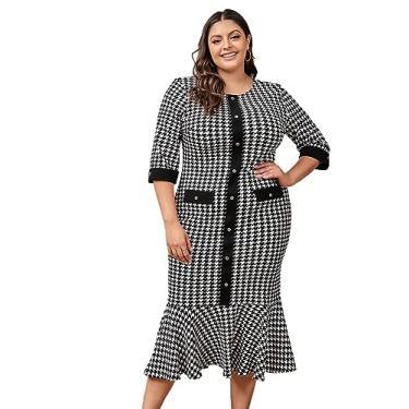 Imagem de WDIRARA Vestido feminino plus size Houndstooth com botões frontais, gola redonda, bainha dividida, colado ao corpo, Multicolorido, preto e branco, GG Plus Size