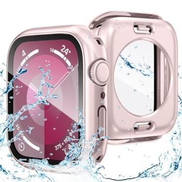 Imagem de Goton Capa à prova d'água 2 em 1 para Apple Watch séries 9, 8, 7, 45 mm, protetor de tela, capa protetora de vidro 360, para-choque de policarbonato rígido + moldura traseira para iWatch 9/8/7, acessórios 45 mm, rosa original