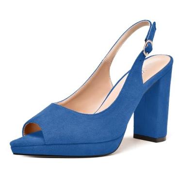 Imagem de WAYDERNS Sapato feminino com alça ajustável peep toe para noiva camurça fivela plataforma bloco sólido salto alto sapatos 10 centímetros, Azul royal, 7.5
