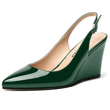 Imagem de WAYDERNS Sapato feminino bico fino tira ajustável tira no tornozelo moda namoro fivela Slingback sólida patente cunha salto alto sapatos 3,3 polegadas, Verde escuro, 9.5