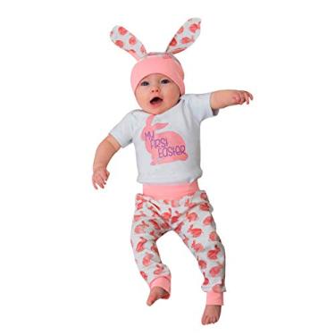 Imagem de Conjunto de roupas para bebês recém-nascidos primavera menino menina manga longa estampa de coelho moletom tops calça coelho gorro chapéu 3 peças, rosa, 9-12 Meses