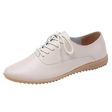 Imagem de Sapatos femininos pequenos brancos com solas planas sapatos de couro femininos estudantes sapatos de couro femininos grandes sandálias casuais sapatos de salto, Bege, 7.5