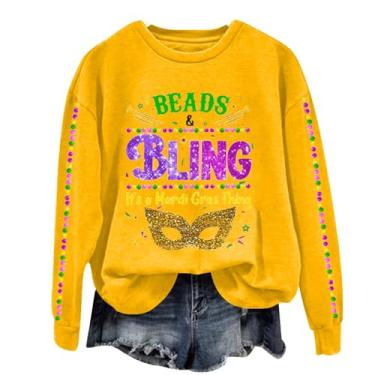 Imagem de Moletom feminino Mardi Gras com estampa de bolo King Tops casuais bonitos roupas de festa terça-feira gorda camisa de manga comprida, Miçangas amarelas, P