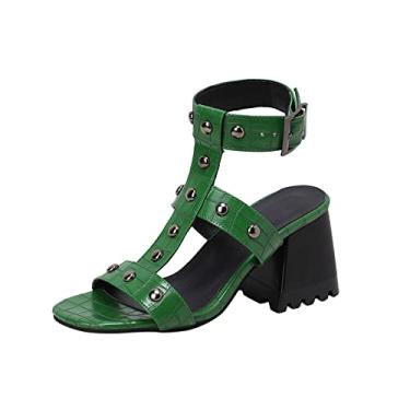 Imagem de CsgrFagr Sandálias femininas modernas de couro de pele de cobra vazado bico aberto metal decorativo grosso salto alto cunha sandálias para mulheres, Verde, 8