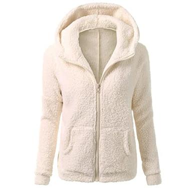 Imagem de BFAFEN Casaco feminino com capuz sherpa casaco de inverno com zíper completo, jaqueta de lã felpuda, cor sólida, suéter de manga comprida, Bege, M