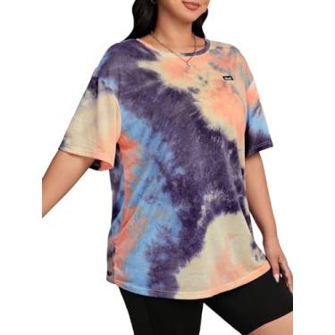 Imagem de SOLY HUX Camiseta feminina plus tie dye letra ombro caído meia manga casual camiseta grande, Laranja, preto, multi, XXG Plus Size