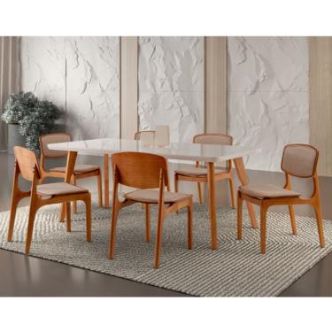 Imagem de Conjunto Sala de Jantar Mesa Malta 160cm com Vidro e 6 Cadeiras Malta em Madeira Moderna - Linho Palha Off White Imbuia