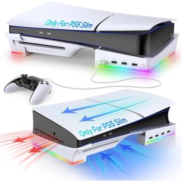 Imagem de Suporte horizontal RGB para console Playstation 5 Slim Disc e Digital com 4 hubs USB, acessórios de suporte de base com 14 modos de iluminação e porta de carregamento rápido (Suporta apenas PS5-Slim)