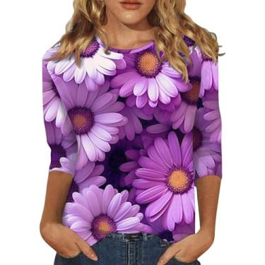 Imagem de Camisetas femininas com estampa de flores de verão manga 3/4 2024 casual verão manga curta blusas casuais fashion, Roxo, E