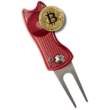 Imagem de Ferramenta de reparo de divô de golfe Bitcoin, todo em metal - Acessórios de golfe - Multiferramenta de golfe 3 em 1 (Ferramenta de dovô, marcador de bola, suporte de clube) - Dobrável com botão pop-up e marcador de bola magnético (vermelho)