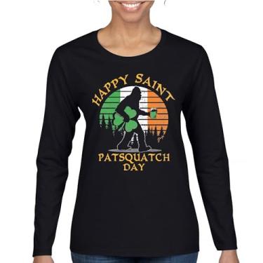 Imagem de Camiseta feminina de manga longa Happy Saint Patsquatch Day Funny St. Patrick's Day Big Foot Sasquatch Shamrock Beer Shenanigans, Preto, M
