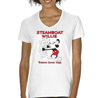 Imagem de Camiseta feminina Steamboat Willie Vibing Since 1928 gola V icônica retrô desenho mouse atemporal clássica vintage Vibe, Branco, G