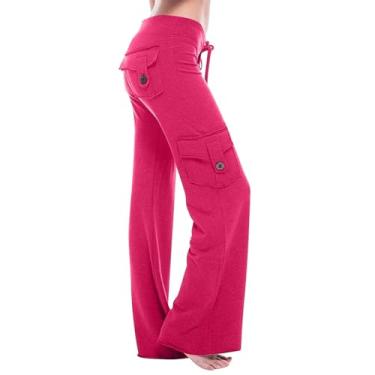 Imagem de Calça flare feminina pequena cintura alta bootcut calça jeans de algodão para ioga slim fit casual, Rosa choque, G