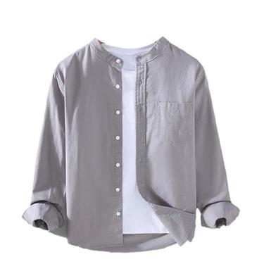 Imagem de Camisa masculina japonesa de algodão de linho fina, estilo Harajuku, gola alta, manga comprida, blusa casual respirável, Cinza, P