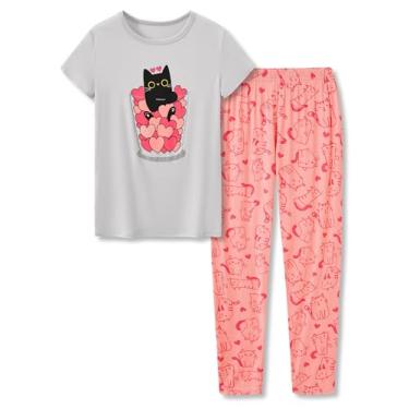 Imagem de Tebbis Conjunto de pijama listrado e gato para meninas pequenas e grandes - 2 peças de pijama de verão de fibra modal macia nos tamanhos 6-18, Gato cinza e coral (conjunto de camiseta e calça), 18