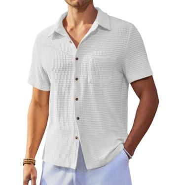 Imagem de Runcati Camisa masculina de veludo cotelê, manga curta, casual, texturizada, verão, praia, Branco, G