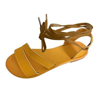 Imagem de Sandálias femininas modernas de verão de couro com tira no tornozelo, bico aberto, sandálias casuais para mulheres, sandálias de cunha modernas, Amarelo, 8 X-Narrow