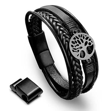 Imagem de Pulseiras para homens, pulseira masculina de couro genuíno premium árvore da vida com fecho magnético, pulseira ajustável de couro trançado multicamadas, de Natal para homens, pai, marido, filho, meninos adolescentes, Tree of Life, Couro, Pedra de olhos de tigea amarela