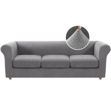 Imagem de H.VERSAILTEX 4 capas elásticas para sofá Chesterfield para 3 capas de sofá de assento profundo de meados do século (capa de base mais 3 capas de almofada de assento) tecido jacquard mais grosso (sofá