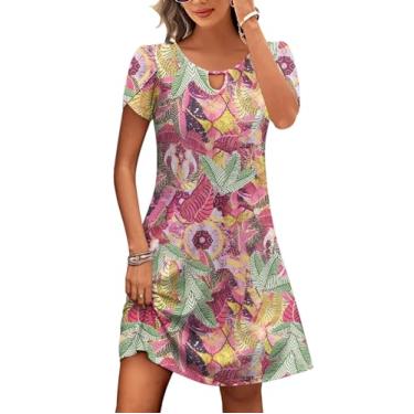 Imagem de HOTOUCH Vestido feminino casual evasê com bolsos verão praia floral vestido camiseta mini vestido de manga curta vestidos de verão soltos, Estampa roxa, P