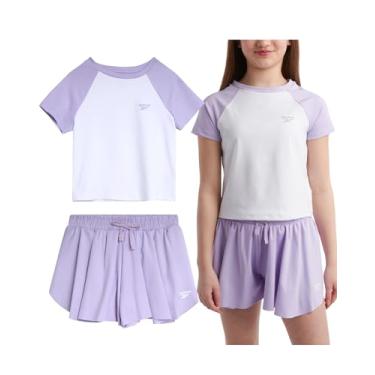 Imagem de Reebok Conjunto de shorts para meninas - 2 peças de camiseta ativa e shorts de corrida com borboleta - Conjunto de shorts esportivos e de dança esvoaçantes (4-12), Lavanda, 8