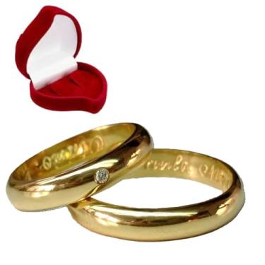 Imagem de Alianças Par 4mm Italianas Abauluadas Banhadas a Ouro 24k com Pedra de Zirconia e Caixa de Veludo Premium Casamento Noivado Namoro