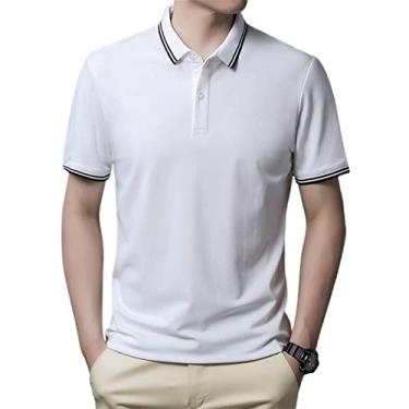 Imagem de Polos masculinos de poliéster com gola listrada, camisa de cor sólida, leve, secagem rápida, manga curta, moda esportiva(Color:White,Size:L)