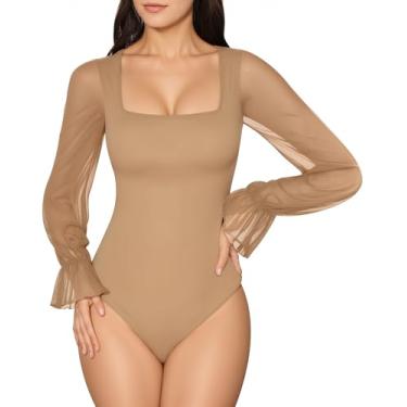 Imagem de MANGOPOP Body feminino sexy gola quadrada malha transparente babados buff manga curta slim fit blusa ternos corporais top elegante casual, Manga comprida Mocha, P