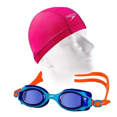Imagem de Kit Natação Óculos Speedo Lappy Infantil + Touca Xtrafit Jr Tecido Confortável 6 a 12 Anos (Óculos Azul + Touca Rosa)