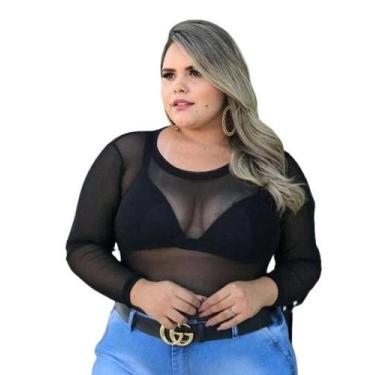 Imagem de Body  lurex Brilho Blusa Tule Plus Size Transparente  Estampas Xadrez 