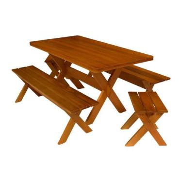 Imagem de Conjunto Mesa 2m e 2 Bancos e 2 Banquetas Sem Encosto Madeira Maciça E