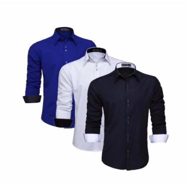 Imagem de Kit 3 Camisas Masculina Manga Longa Social Slim Blusa Luxo (AZUL ROYAL