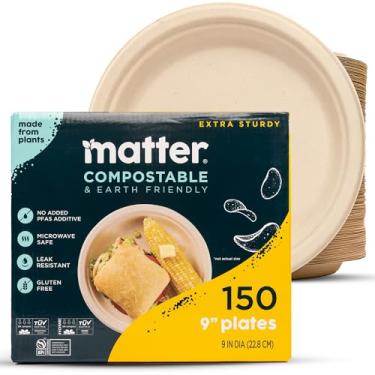 Imagem de Matter Placas de fibra premium de 23 cm, embalagem com 150 biodegradáveis, sem papel, ecológicas, compostáveis certificadas, descartáveis, resistentes, prato de jantar para frango, macarrão, bife,