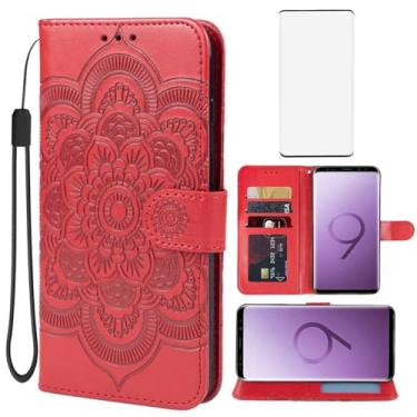 Imagem de Yodueiv Capa para Galaxy S9 Plus, capa carteira para Samsung S9 Plus G965U com protetor de tela de vidro temperado, alça de pulso de couro PU mandala com compartimentos para cartões, capa protetora